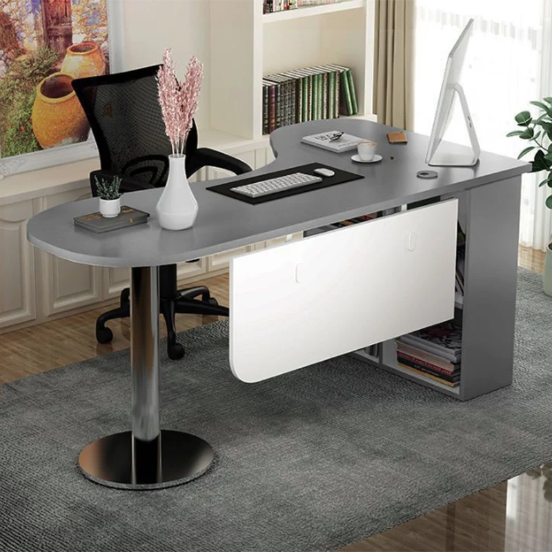 Modern Minimalist Arc-Shaped E1 Environmentally Friendly Board Stainless Steel Corner Desk 1-Tier For Home Office