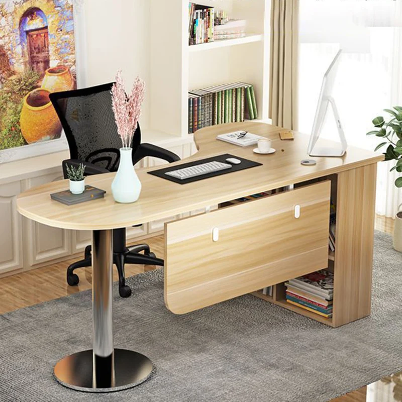 Modern Minimalist Arc-Shaped E1 Environmentally Friendly Board Stainless Steel Corner Desk 1-Tier For Home Office