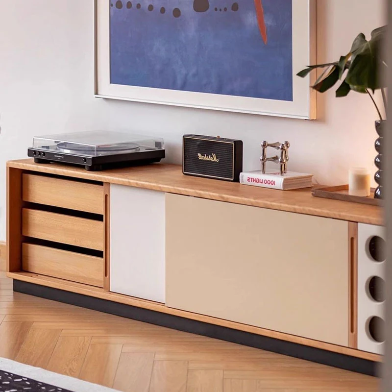Traditional Vintage Rectangular Pine Wood Plywood TV Stand Storage Cabinet 3-Tier For Living Room