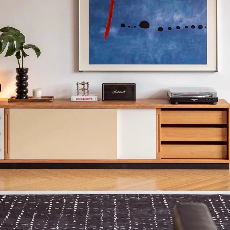 Traditional Vintage Rectangular Pine Wood Plywood TV Stand Storage Cabinet 3-Tier For Living Room