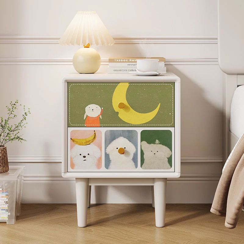 Contemporary Retro Square Rounded Corner Anti-Collision Design Rubberwood Plywood Hardware Nightstand 2-Drawer For Bedroom