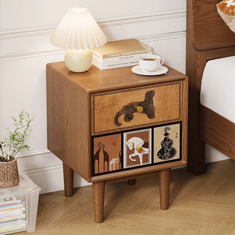 Contemporary Retro Square Rounded Corner Anti-Collision Design Rubberwood Plywood Hardware Nightstand 2-Drawer For Bedroom