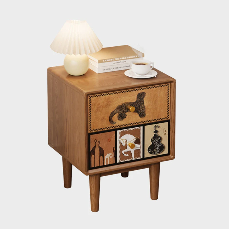 Contemporary Retro Square Rounded Corner Anti-Collision Design Rubberwood Plywood Hardware Nightstand 2-Drawer For Bedroom