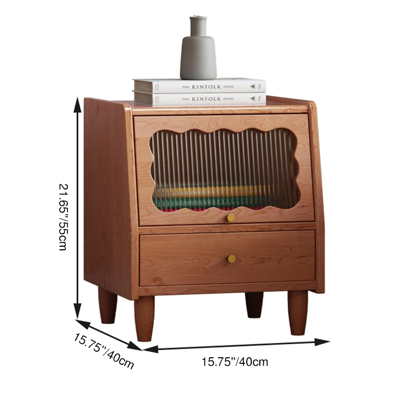 Contemporary Nordic Trapezoidal Rubberwood Pine Wood Plywood Reeded Glass Nightstand 1-Drawer For Bedroom
