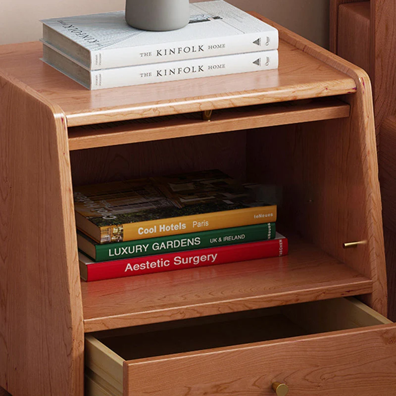 Contemporary Nordic Trapezoidal Rubberwood Pine Wood Plywood Reeded Glass Nightstand 1-Drawer For Bedroom