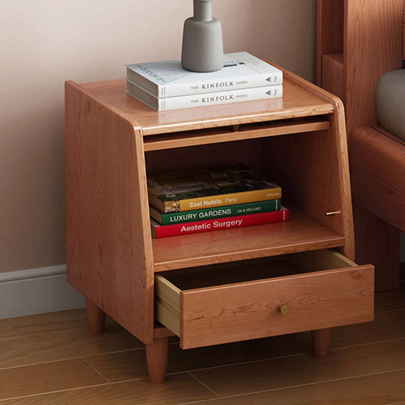 Contemporary Nordic Trapezoidal Rubberwood Pine Wood Plywood Reeded Glass Nightstand 1-Drawer For Bedroom
