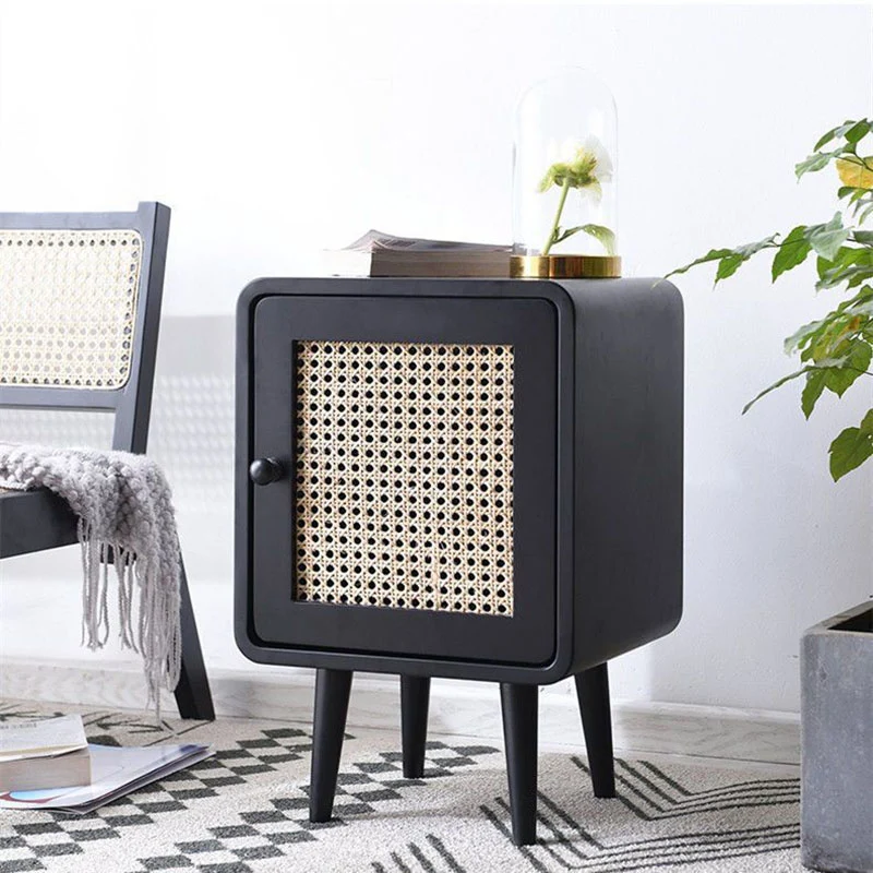 Traditional Rustic Square Rubberwood Plywood PE Rattan Weaving Nightstand 1-Cabinet For Bedroom