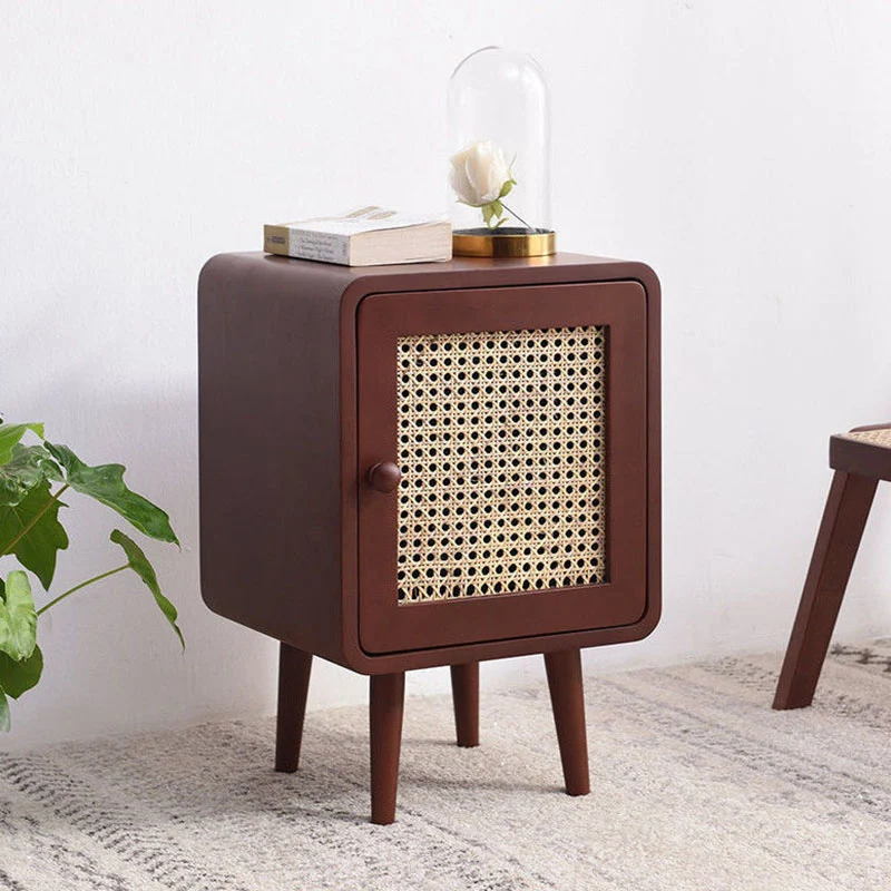 Traditional Rustic Square Rubberwood Plywood PE Rattan Weaving Nightstand 1-Cabinet For Bedroom