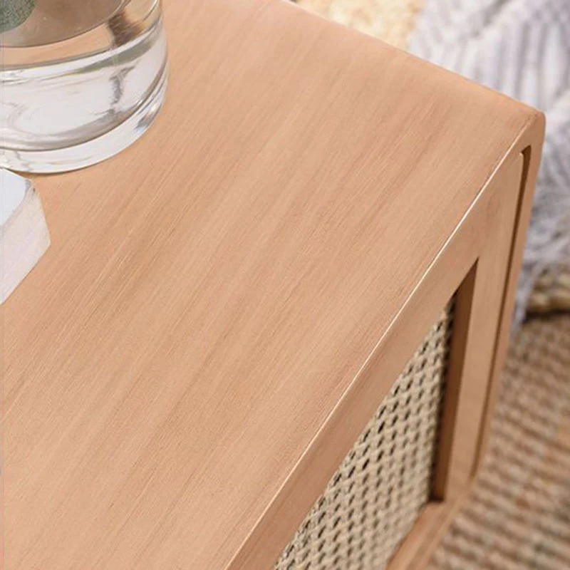 Traditional Rustic Square Rubberwood Plywood PE Rattan Weaving Nightstand 1-Cabinet For Bedroom