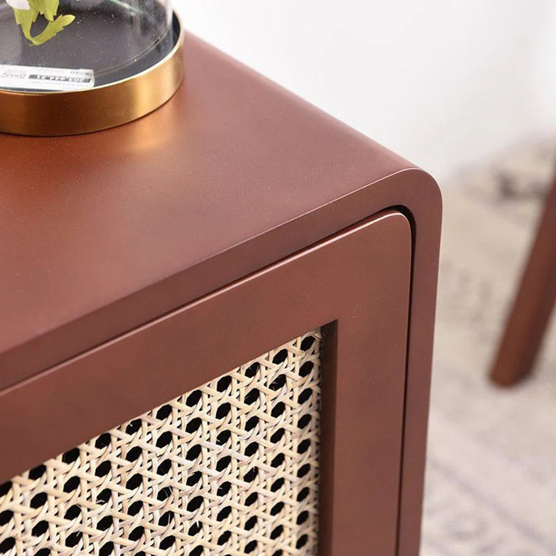 Traditional Rustic Square Rubberwood Plywood PE Rattan Weaving Nightstand 1-Cabinet For Bedroom