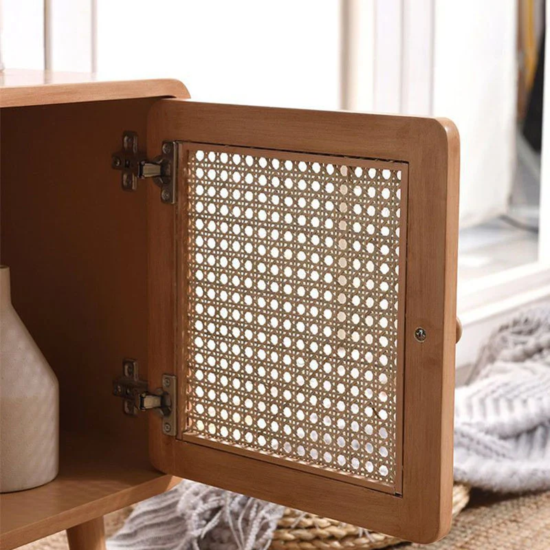 Traditional Rustic Square Rubberwood Plywood PE Rattan Weaving Nightstand 1-Cabinet For Bedroom