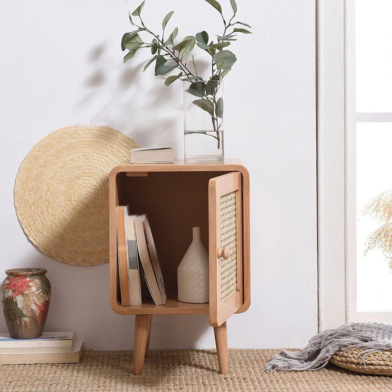 Traditional Rustic Square Rubberwood Plywood PE Rattan Weaving Nightstand 1-Cabinet For Bedroom