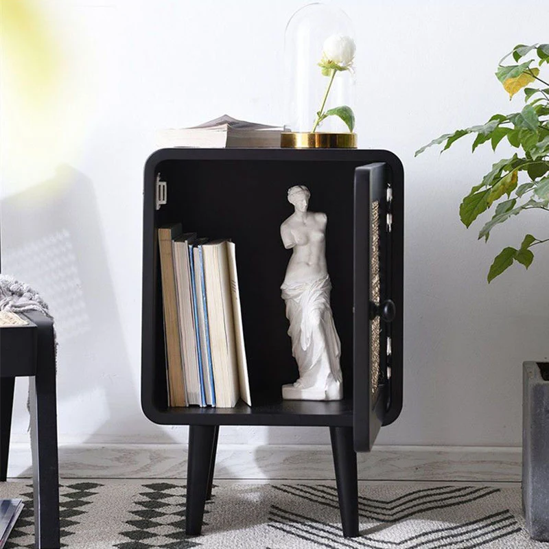 Traditional Rustic Square Rubberwood Plywood PE Rattan Weaving Nightstand 1-Cabinet For Bedroom