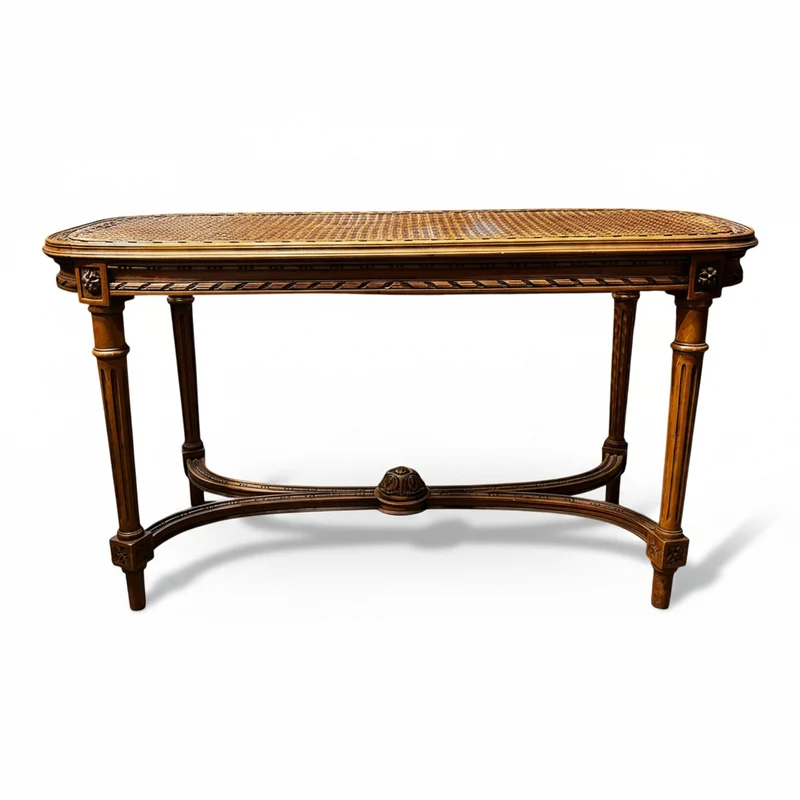 Banqueta de piano en madera natural con rejilla, estilo Luis XVI