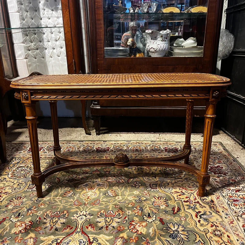 Banqueta de piano en madera natural con rejilla, estilo Luis XVI