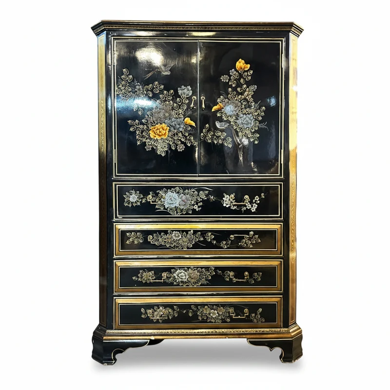 Mueble aparador bar chino lacado negro imitación laca china, pájaros y flores