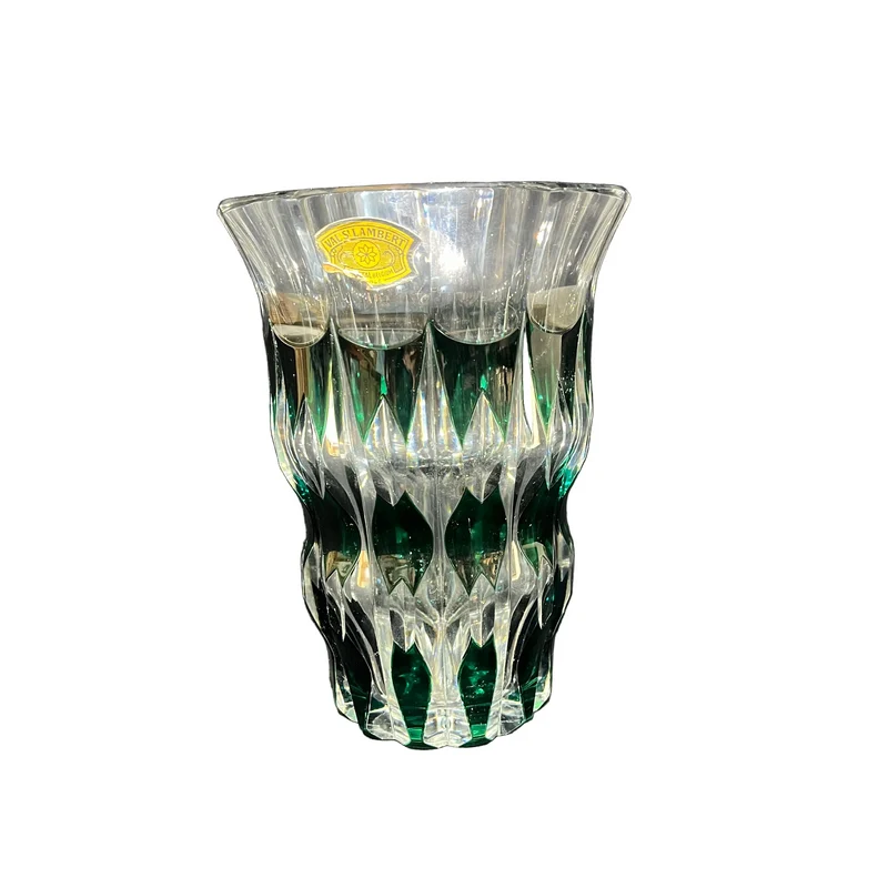 Jarrón de cristal belga Val Saint Lambert diseño lobulado transparente y verde