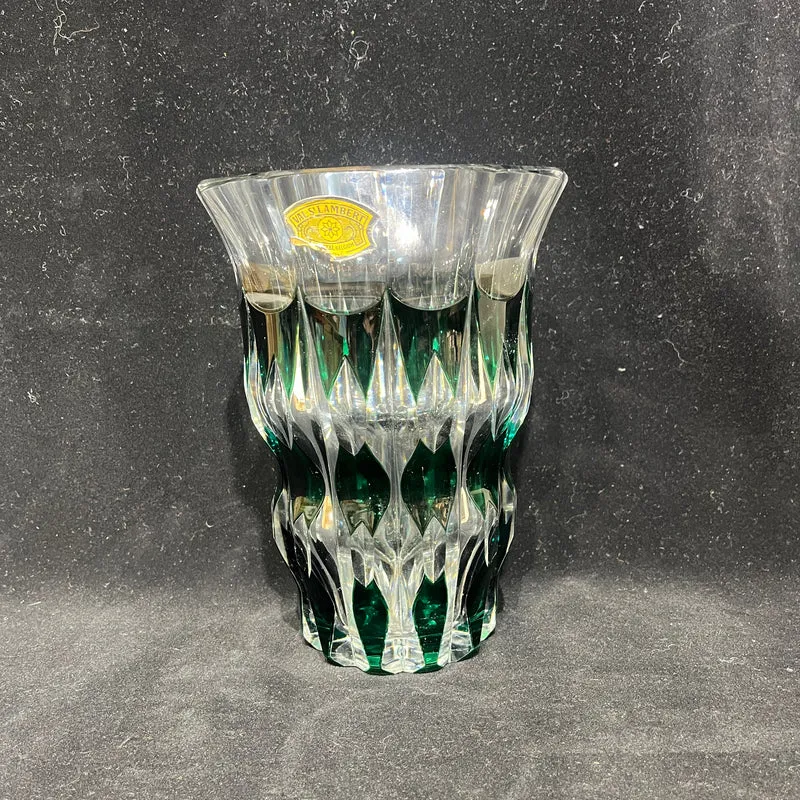 Jarrón de cristal belga Val Saint Lambert diseño lobulado transparente y verde