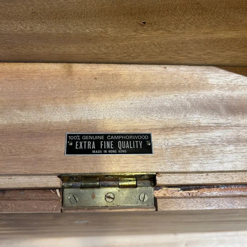 Cofre chino en madera de alcanfor tallado con dragones y navíos s. XX