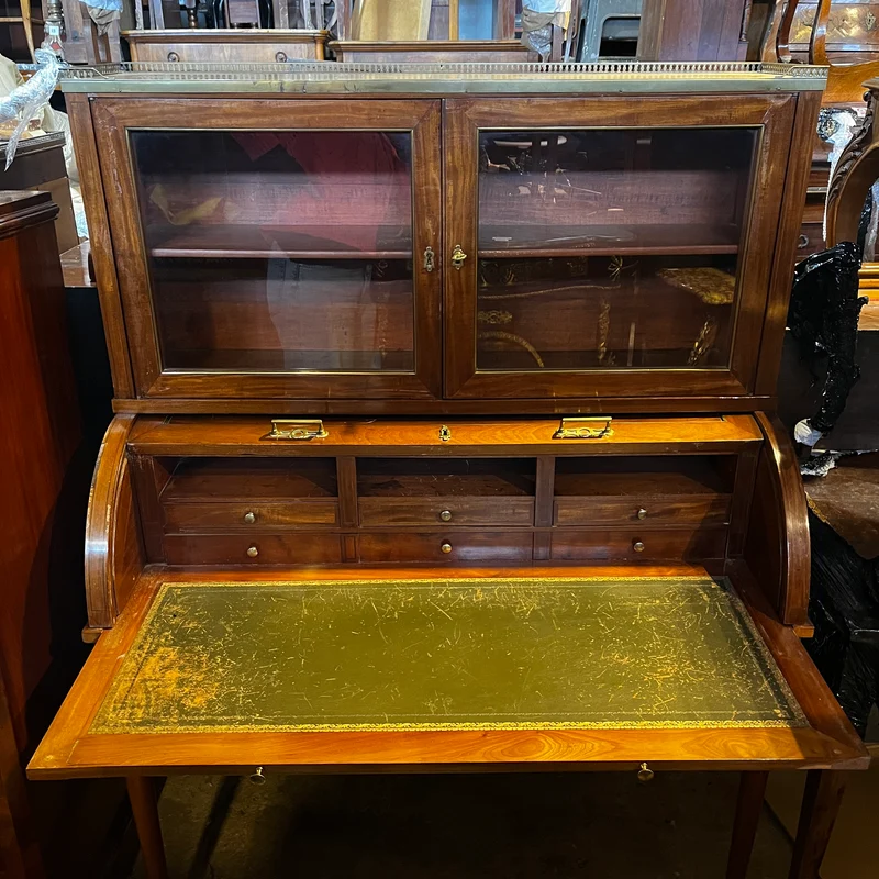 Bureau vitrina francesa en caoba con tapa cilíndrica estilo Luis XVI