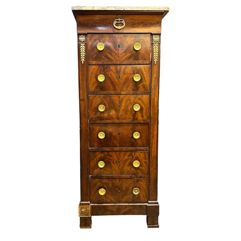 Cajonera chiffonier estrecha en caoba con bronces y mármol estilo restauración s.XIX