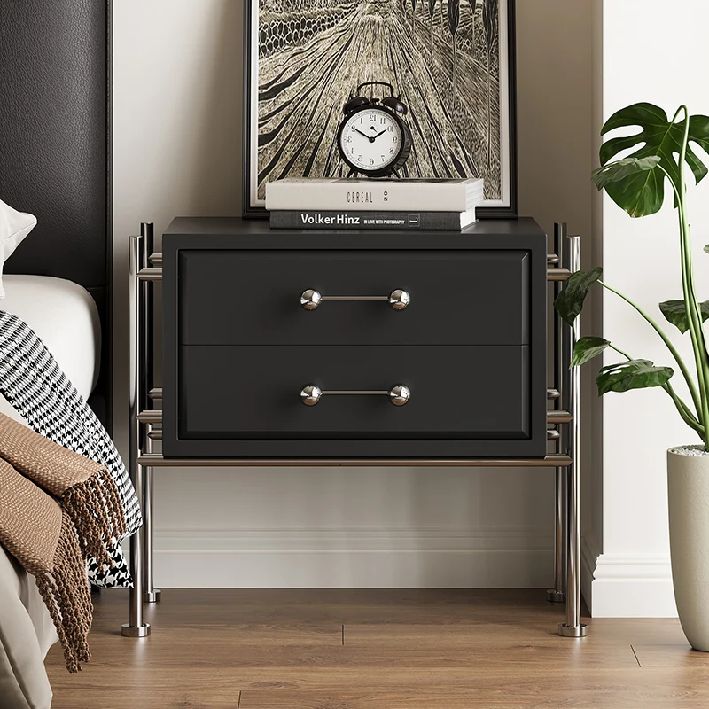 Contemporary Industrial Rectangular Plywood Stainless Steel Pine Wood Nightstand 2-Drawer For Bedroom