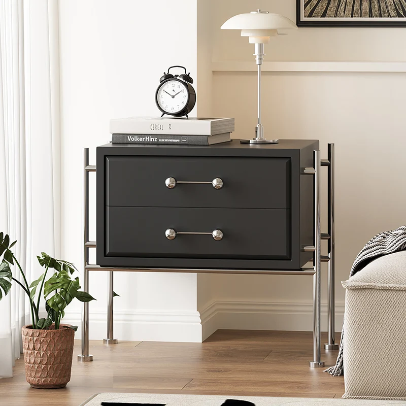 Contemporary Industrial Rectangular Plywood Stainless Steel Pine Wood Nightstand 2-Drawer For Bedroom