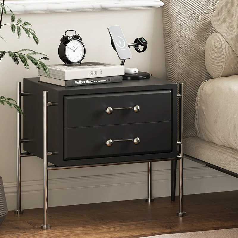 Contemporary Industrial Rectangular Plywood Stainless Steel Pine Wood Nightstand 2-Drawer For Bedroom