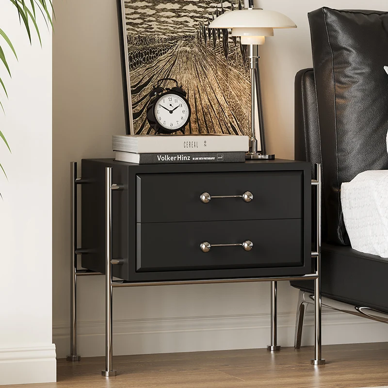 Contemporary Industrial Rectangular Plywood Stainless Steel Pine Wood Nightstand 2-Drawer For Bedroom
