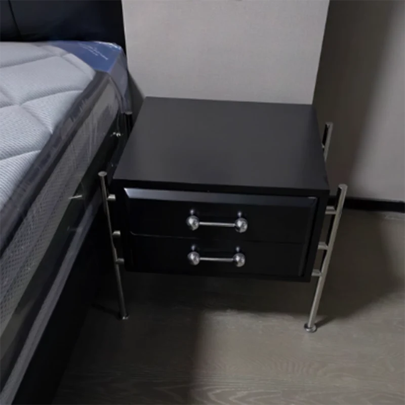 Contemporary Industrial Rectangular Plywood Stainless Steel Pine Wood Nightstand 2-Drawer For Bedroom