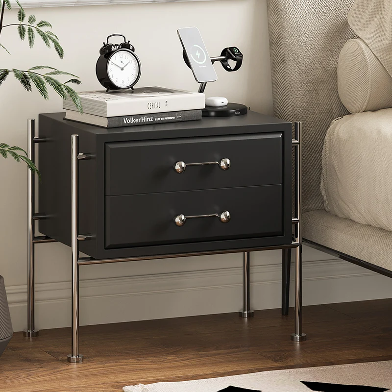 Contemporary Industrial Rectangular Plywood Stainless Steel Pine Wood Nightstand 2-Drawer For Bedroom