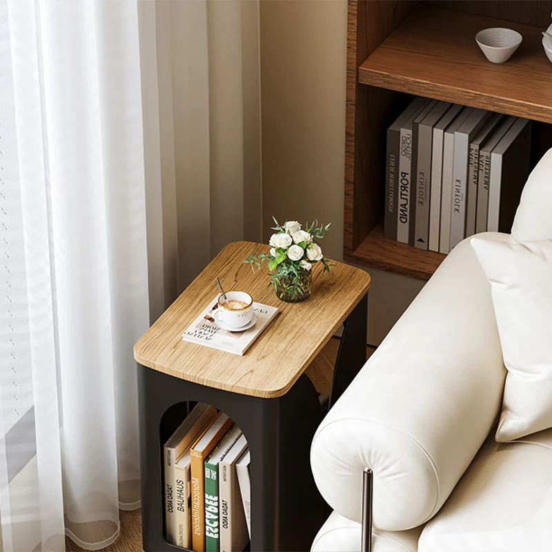 Modern Minimalist Hollowed-Out Rectangular Iron Plywood Narrow End Table 2-Tier For Living Room