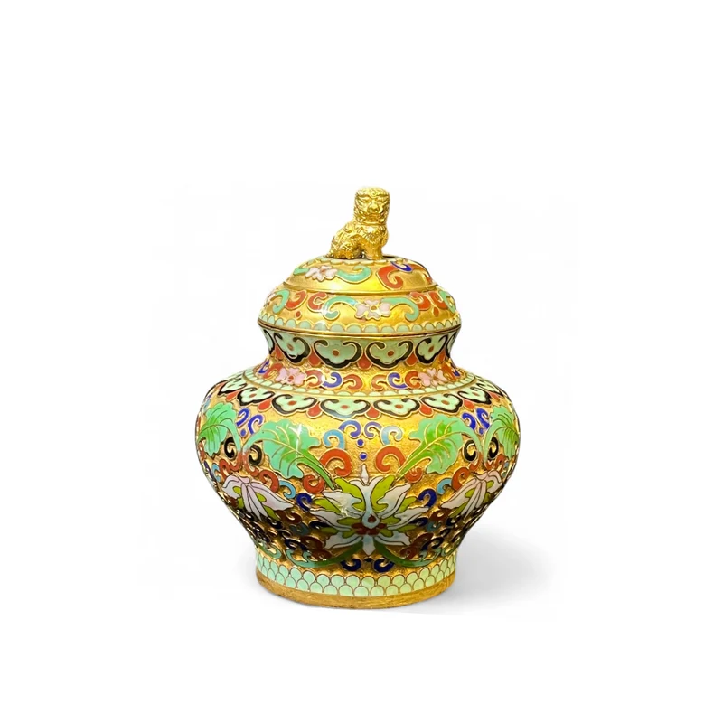 Potiche chino de bronce y esmaltes cloisonné con perro fú