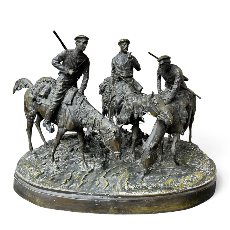 Escultura de bronce 'Grupo de militares cosacos' firmada por Evgeny Alexandrovich Lanceray (1848-1886)