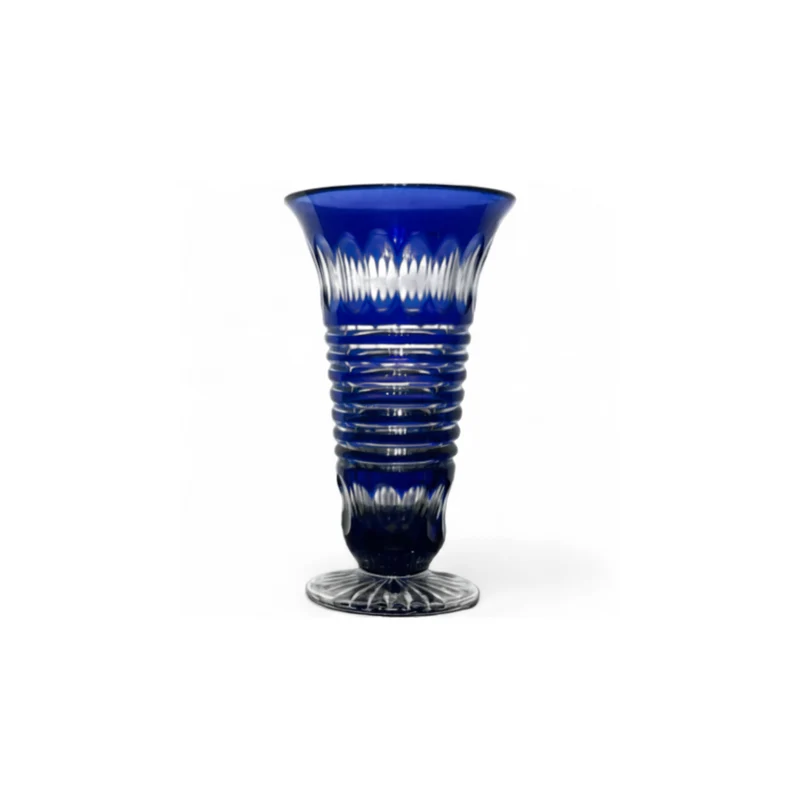 Florero de cristal belga Art Deco tallado azul cobalto Val Saint Lambert forma trompeta