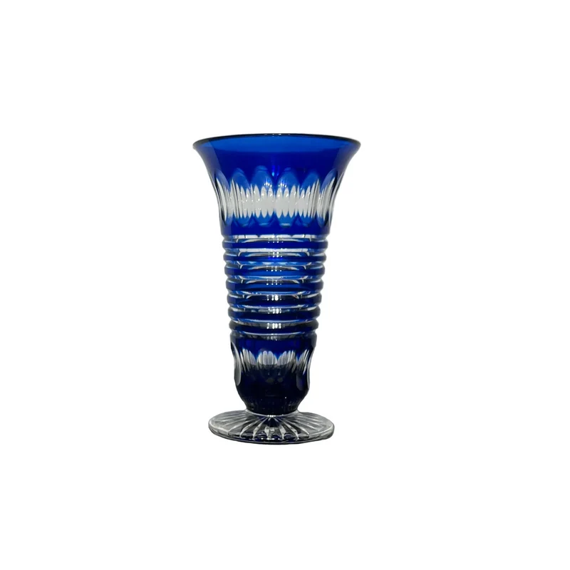 Florero de cristal belga Art Deco tallado azul cobalto Val Saint Lambert forma trompeta