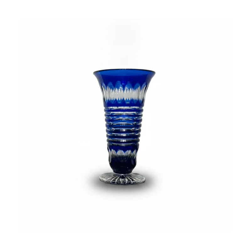 Florero de cristal belga Art Deco tallado azul cobalto Val Saint Lambert forma trompeta