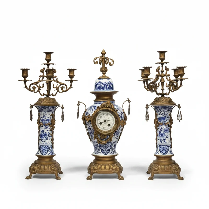 Guarnición de chimenea Delft con reloj y candelabros de porcelana pintada a mano y bronce s.XIX