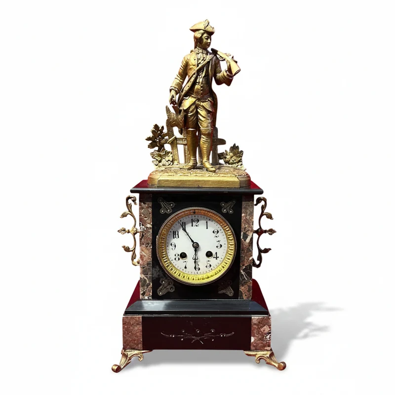 Reloj bronce y mármol de sobremesa con cazador estilo Napoleón III s.XIX