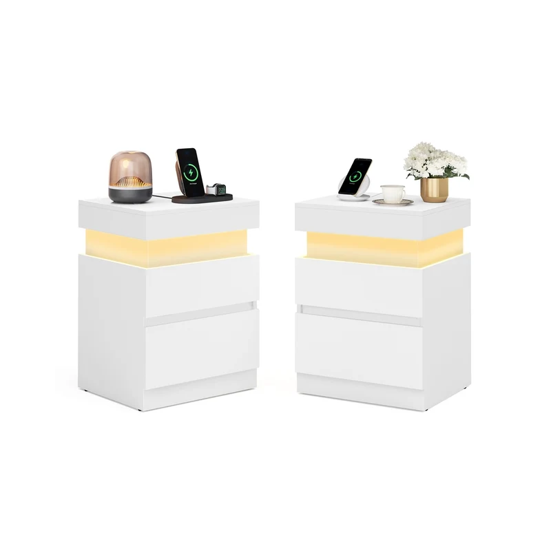 Kailyn Colección - Mesita de noche con enchufes cajones y luz LED