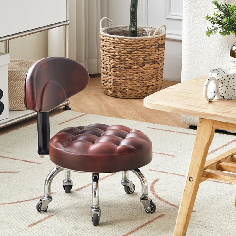 Contemporary Retro Faux Leather Carbon Steel Rubber Round Movable Low Stool Comfortable Backrest For Living Room