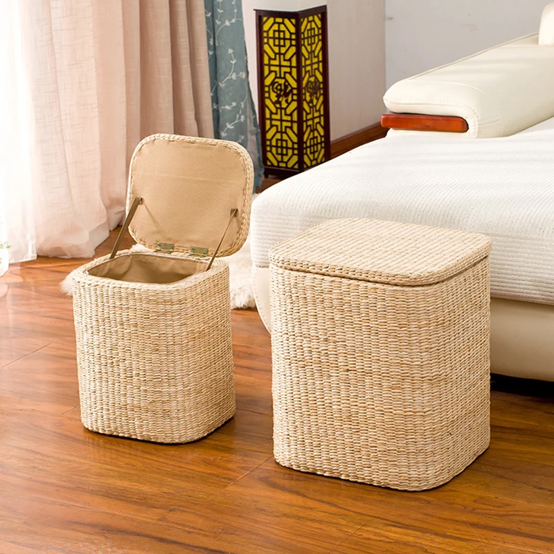 Modern Minimalist Cattail Grass Poplar Wood Linen Round Square Weaving Low Stool Set With Hidden Storage For Living Room