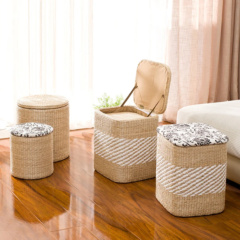 Modern Minimalist Cattail Grass Poplar Wood Linen Round Square Weaving Low Stool Set With Hidden Storage For Living Room