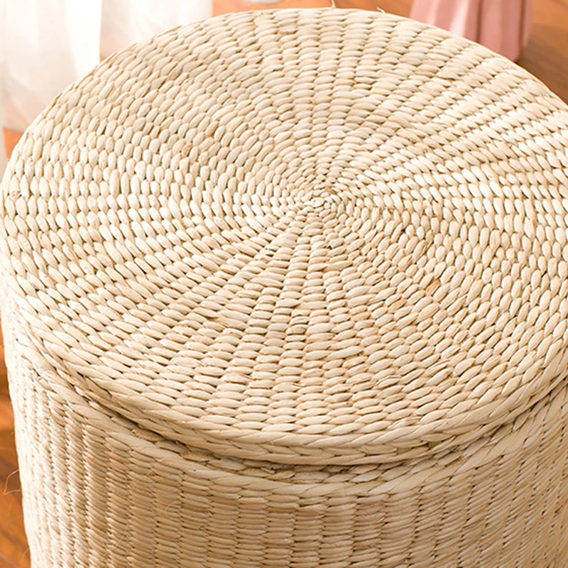 Modern Minimalist Cattail Grass Poplar Wood Linen Round Square Weaving Low Stool Set With Hidden Storage For Living Room