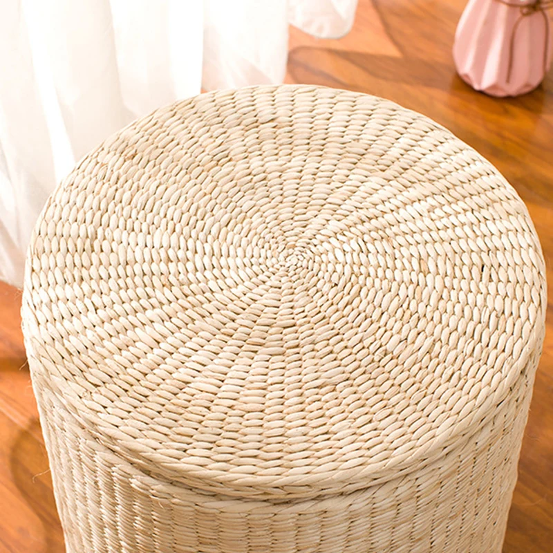 Modern Minimalist Cattail Grass Poplar Wood Linen Round Square Weaving Low Stool Set With Hidden Storage For Living Room