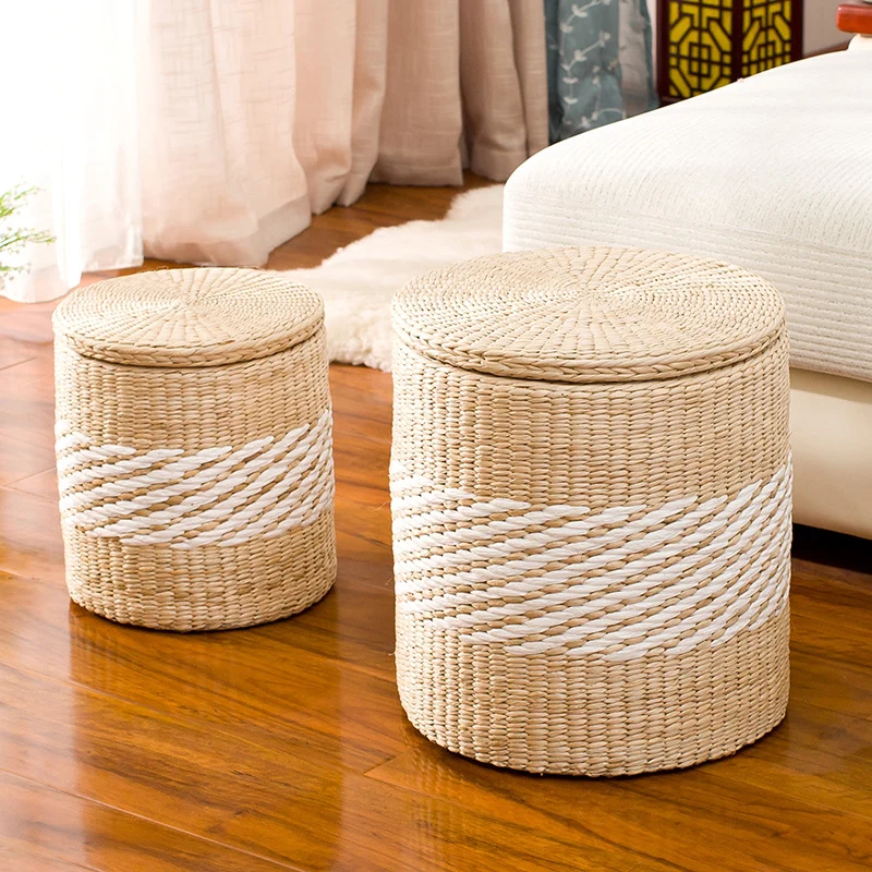Modern Minimalist Cattail Grass Poplar Wood Linen Round Square Weaving Low Stool Set With Hidden Storage For Living Room