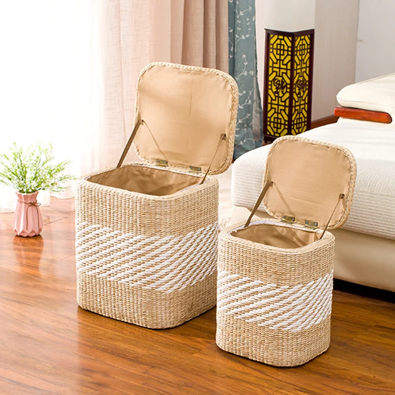 Modern Minimalist Cattail Grass Poplar Wood Linen Round Square Weaving Low Stool Set With Hidden Storage For Living Room