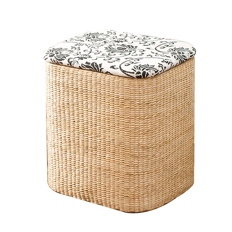 Modern Minimalist Cattail Grass Poplar Wood Linen Round Square Weaving Low Stool Set With Hidden Storage For Living Room