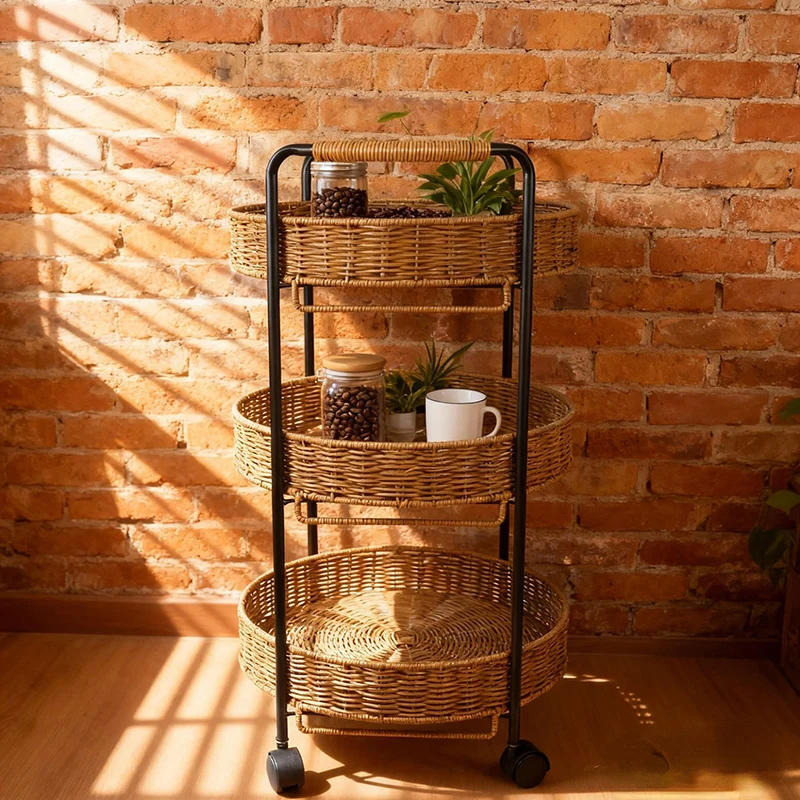 Modern Minimalist PE Rattan Carbon Steel Round Movable Weaving Side Table 3-Tier For Living Room
