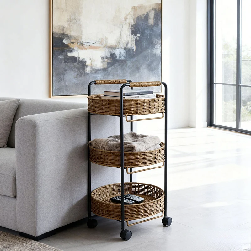 Modern Minimalist PE Rattan Carbon Steel Round Movable Weaving Side Table 3-Tier For Living Room